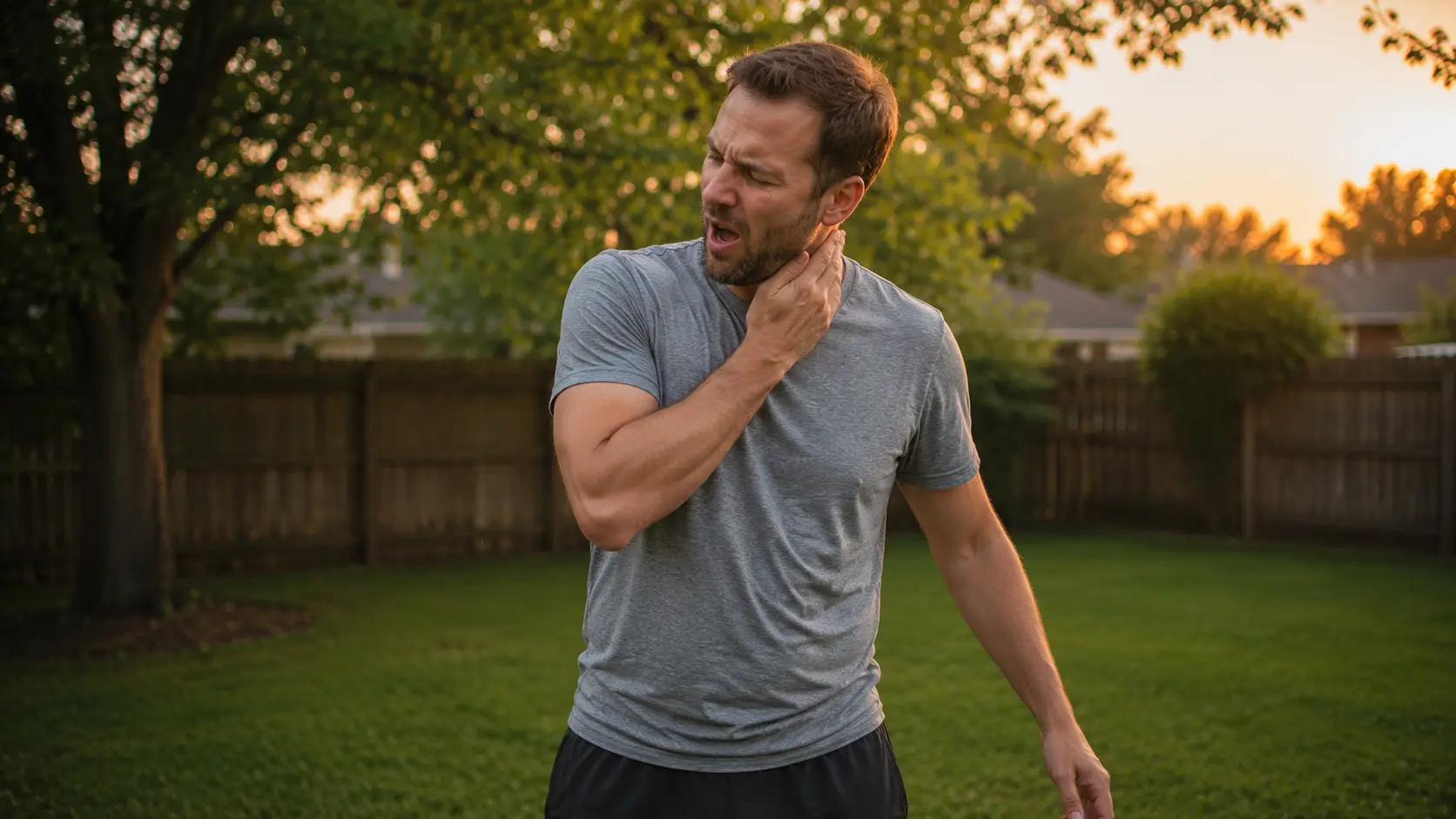 Man scratching a mosquito bite on his neck while standing in a backyard in Bryan-College Station, illustrating why mosquitoes are so bad in College Station and Bryan during warm Texas evenings